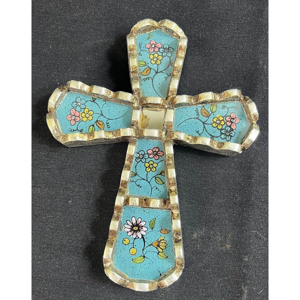 Peru Mohena Wood Cross w Mirror Reverse Painted Glass Artisan 5” X 6.5” Floral - Picture 3 of 8